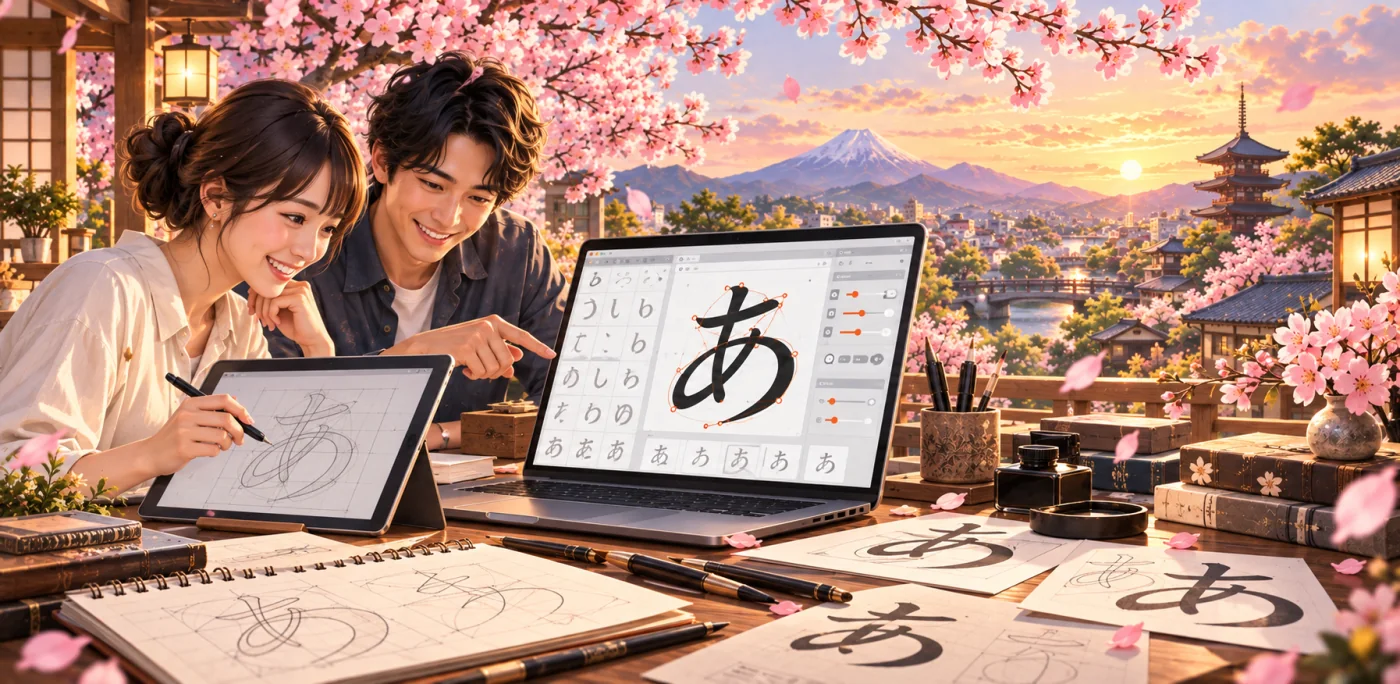 桜の咲く風景の中でデジタル書体を制作するイメージ
