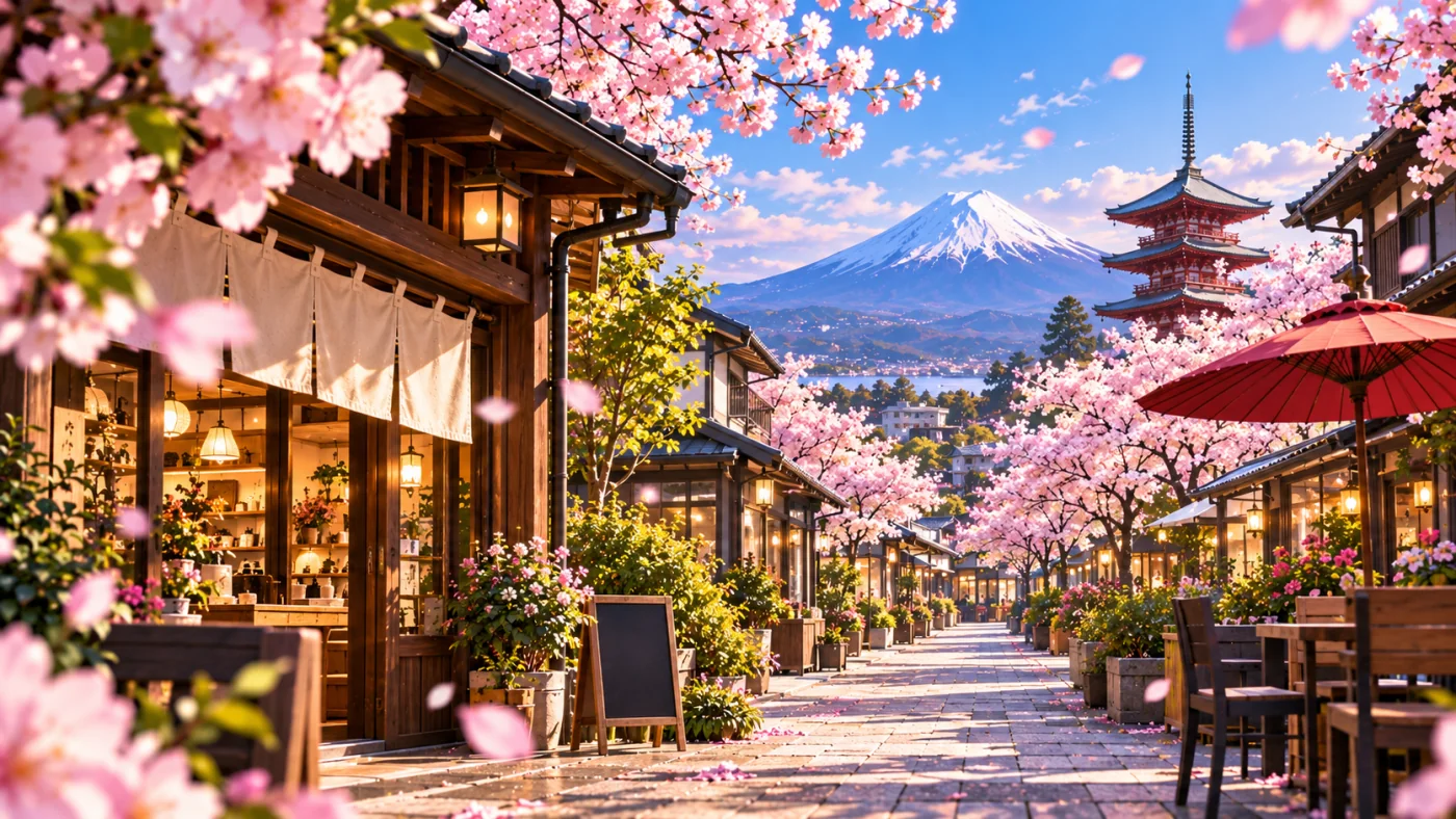 桜と富士山を望む通りに店舗が並ぶイメージ