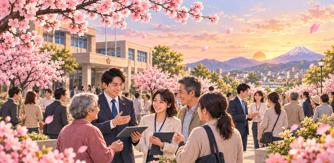 桜の咲く広場で政治家と市民が語り合うイメージ