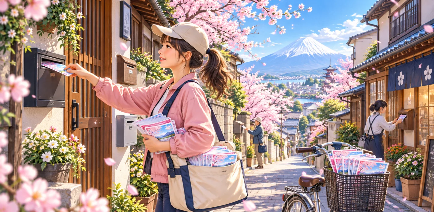桜の咲く街で住宅へ案内を配布するポスティングのイメージ