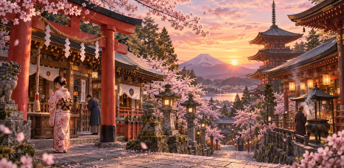 桜と富士山を望む神社で静かに祈る人々のイメージ