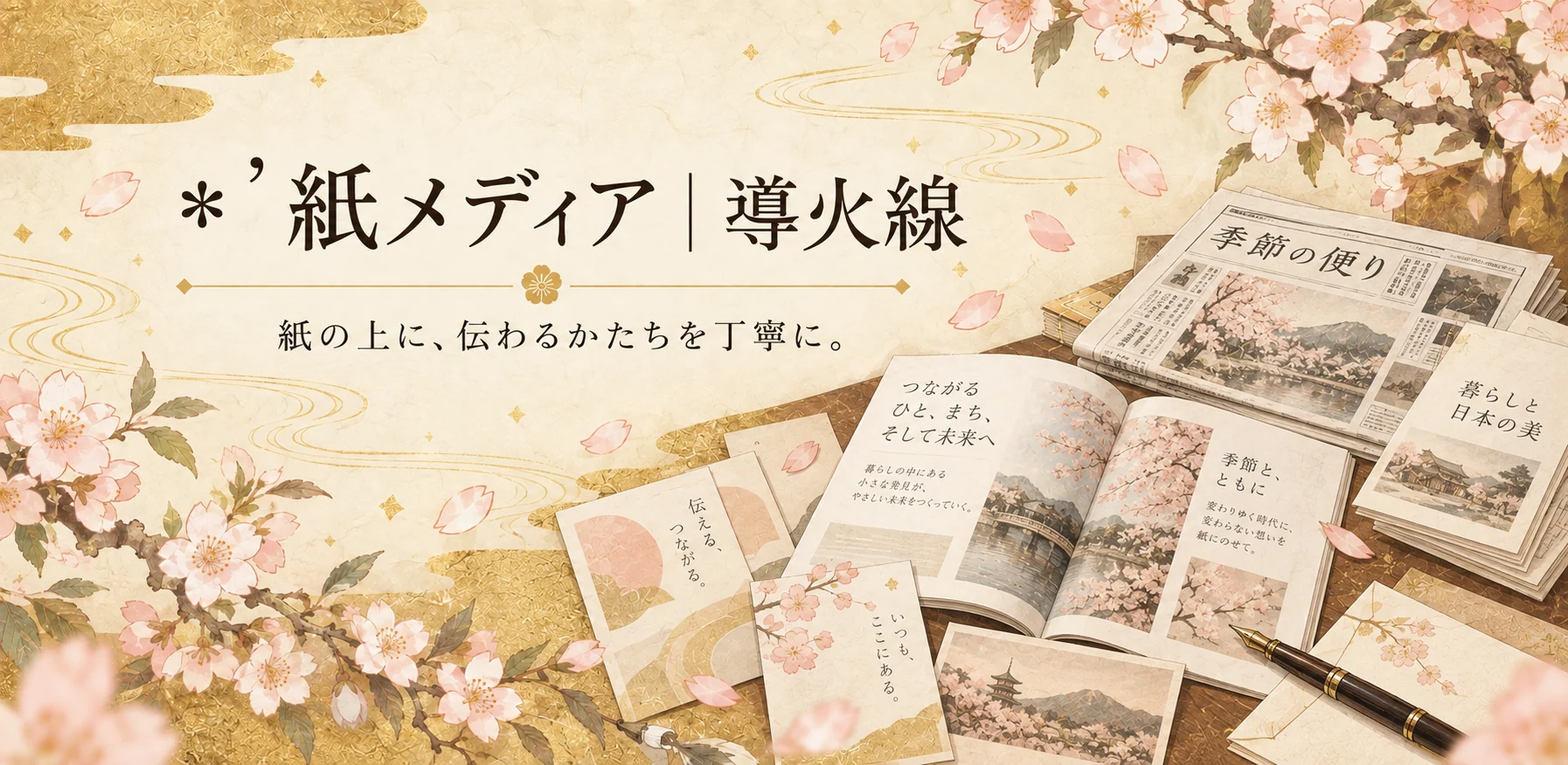 桜と新聞、冊子を描いた紙メディアのイメージ