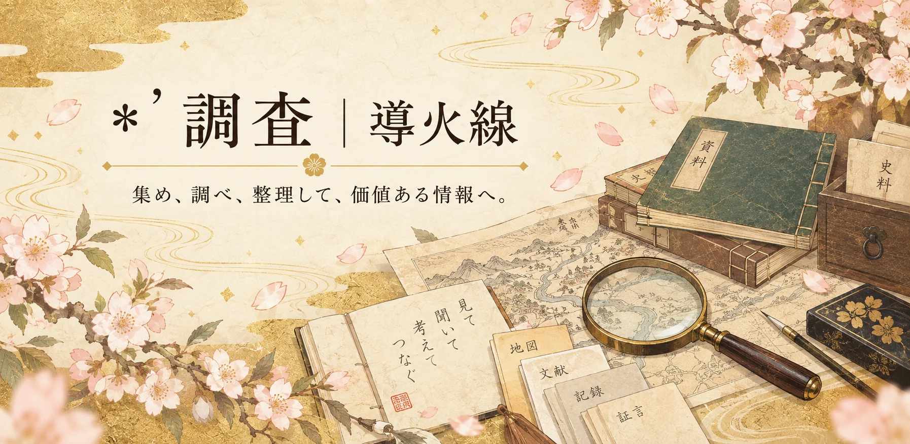 桜と古地図、資料、虫眼鏡を描いた調査のイメージ